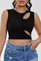 Black Street Solid Hollowed Out Patchwork O Neck Tops