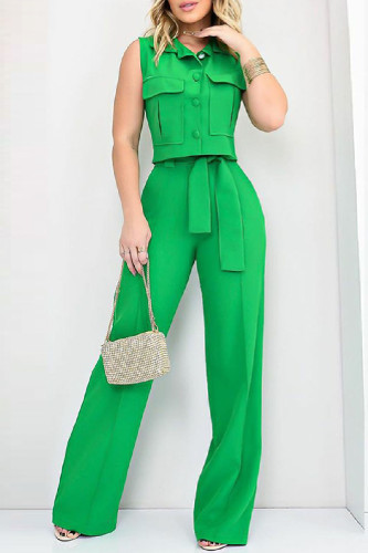 Зеленый повседневный однотонный лоскутный карман с отложным воротником без рукавов из двух предметов