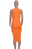 Tangerine Elegantes, einfarbiges, ärmelloses Kleid mit Patchwork-Tasche und U-Ausschnitt