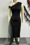 Black Casual Sweet Street Daily Elegant Patchwork Mesh Solid Color Asymmetrical Dresses