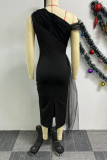 ブラック カジュアル スイート ストリート デイリー エレガント パッチワーク メッシュ ソリッド カラー 非対称 ドレス