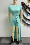 Cyan Casual Elegant Simplicity Solid Bandage Slit Solid Color O Neck Short Sleeve Two Pieces