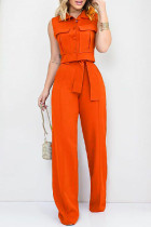 Colletto con risvolto tasca patchwork casual arancione casual senza maniche in due pezzi
