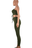Army Green Sexy Casual Solid Patchwork Draw String Pocket Spaghetti Strap Sleeveless Two Pieces Cami Crop Tops And Skinny Pants Sets