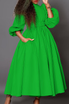 Patchwork solide élégant vert avec ceinture col rond robes trapèze