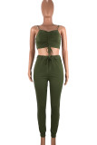 Army Green Sexy Casual Solid Patchwork Draw String Pocket Spaghetti Strap Sleeveless Two Pieces