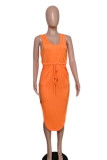 Tangerine Elegantes, einfarbiges, ärmelloses Kleid mit Patchwork-Tasche und U-Ausschnitt