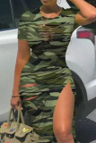 Army Green Casual Print Solid Ripped Frenulum Slit O Neck Short Sleeve Dress Plus Size Dresses