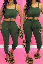 Army Green Sexy Casual Solid Patchwork Draw String Pocket Spaghetti Strap Sleeveless Two Pieces