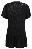 ブラックのエレガントなプリント スパンコール パッチワーク O ネック ストレート プラス サイズ ドレス