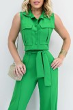 Green Casual Solid Patchwork Pocket Turndown Collar Sleeveless Two Pieces