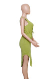 Зеленые элегантные однотонные лоскутные платья без рукавов с U-образным вырезом и карманами