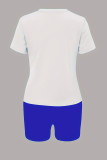 blanco azul casual estampado patchwork cuello redondo manga corta dos piezas