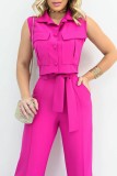 Rose Red Casual Solid Patchwork Pocket Turndown Collar Sleeveless Two Pieces
