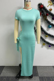 Cyan Casual Elegant Simplicity Solid Bandage Slit Solid Color O Neck Short Sleeve Two Pieces
