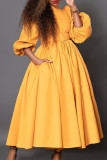 Patchwork solide élégant jaune avec ceinture col rond robes trapèze