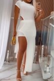White Casual Elegant Simplicity Solid Bandage Slit Solid Color O Neck Short Sleeve Two Pieces