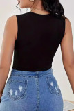 Black Street Solid Hollowed Out Patchwork O Neck Tops