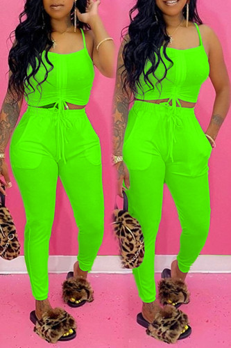Fluorescent Green Sexy Casual Solid Patchwork Draw String Pocket Spaghetti Strap Sleeveless Two Pieces Cami Crop Tops And Skinny Pants Sets