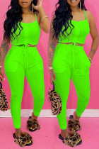 Fluorescent Green Sexy Casual Solid Patchwork Draw String Pocket Spaghetti Strap Sleeveless Two Pieces