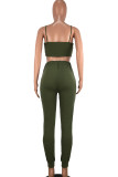 Army Green Sexy Casual Solid Patchwork Draw String Pocket Spaghetti Strap Sleeveless Two Pieces Cami Crop Tops And Skinny Pants Sets