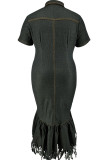 ブラック ストリート ソリッド タッセル パッチワーク ジッパー ジッパー カラー デニム プラス サイズ ドレス