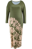 Army Green Celebrities Print Patchwork Pocket V Neck One Step Skirt Plus Size Dresses