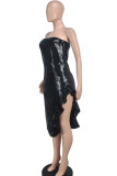 黒のセクシーな固体パッチワーク高開口部ジッパー ストラップレス不規則なドレス