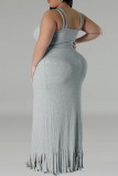 Light Gray Sweet Solid Tassel Hollowed Out Patchwork Slit Asymmetrical Collar Irregular Plus Size Two Pieces