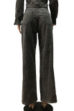 Cinza escuro casual patchwork bolso botões zíper cintura alta jeans solto