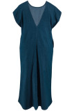 ブルー ヴィンテージ ソリッド パッチワーク バックレス O ネック デニム プラス サイズ ドレス