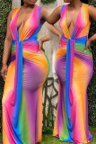 Color Elegante Impresión mixta Patchwork Cuello en V Impreso Vestidos de talla grande