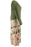 アーミーグリーンセレブプリントパッチワークポケットVネックワンステップスカートプラスサイズドレス