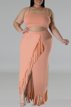 Tangerine Red Sweet Solid Tassel Hollowed Out Patchwork Slit Asymmetrical Collar Irregular Plus Size Two Pieces
