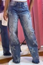 Blue Casual Patchwork Pocket Buttons Zipper High Waist Loose Wide Leg Baggy Cross Denim Jeans