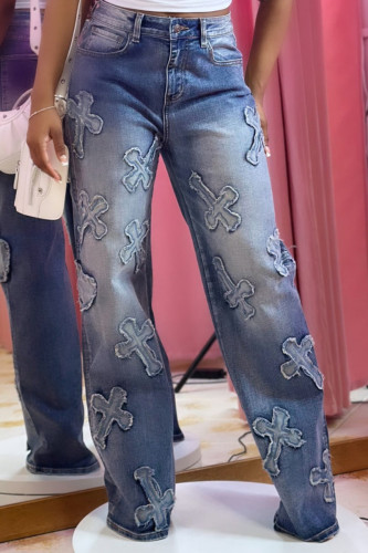 Blauwe casual patchwork zakknopen rits hoge taille losse denim jeans