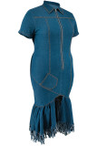ブラック ストリート ソリッド タッセル パッチワーク ジッパー ジッパー カラー デニム プラス サイズ ドレス