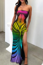 Цвет радуги сексуальный принт лоскутное платье с открытой спиной и высоким отверстием без бретелек с принтом