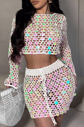 White Sexy Sequins Patchwork Swimwears Cover Up(Two Pieces)