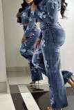 Veste en jean bleue décontractée avec poche en patchwork et fermeture éclair et col à fermeture éclair et manches longues