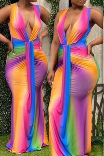 Color Elegante Impresión mixta Patchwork Cuello en V Impreso Vestidos de talla grande