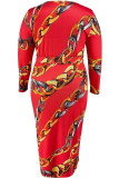 Red Casual Print Bandage Patchwork O Neck One Step Skirt Plus Size Dresses