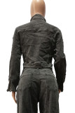 ブラックカジュアルパッチワークポケットジッパージッパーカラー長袖レギュラーデニムジャケット