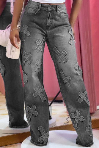 Cinza escuro casual patchwork bolso botões zíper cintura alta jeans solto