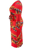 Red Casual Print Bandage Patchwork O Neck One Step Skirt Plus Size Dresses