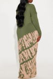 アーミーグリーンセレブプリントパッチワークポケットVネックワンステップスカートプラスサイズドレス