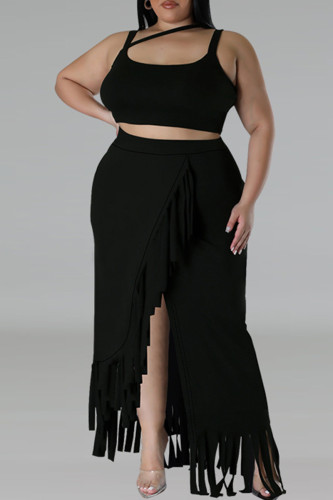 Black Sweet Solid Tassel Hollowed Out Patchwork Slit Asymmetrical Collar Irregular Plus Size Two Pieces