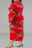 Rode casual print bandage patchwork O-hals één stap rok plus maten jurken