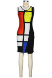 マルチカラーのエレガントなカラーブロックパッチワークジッパーOネックラップスカートドレス