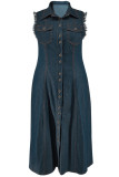 Blue Casual Solid Patchwork Pocket Buckle Turndown Collar Denim Plus Size Dresses